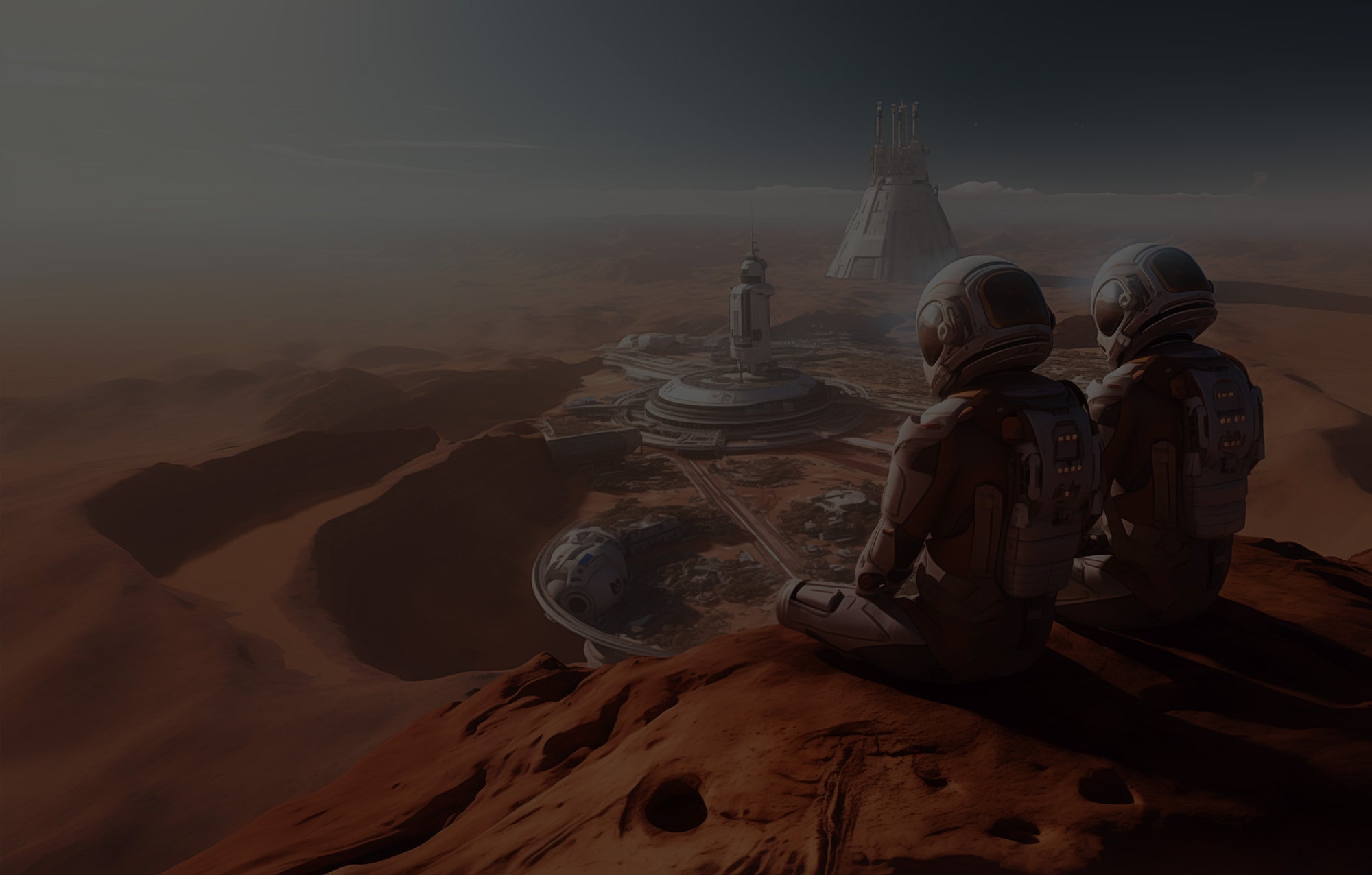 Two early Mars settlers overlooking a city.