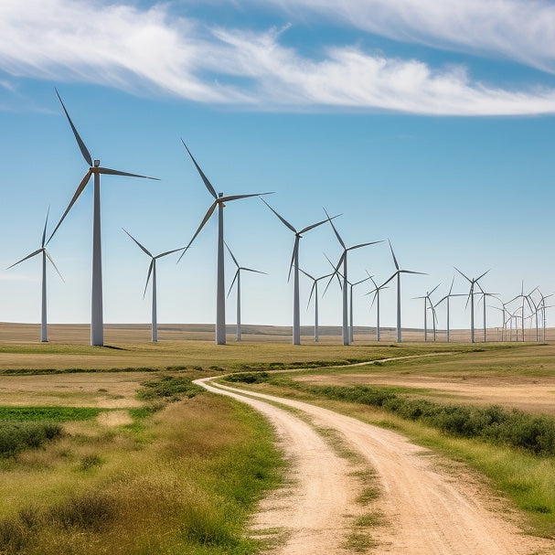 A row of windmills generating energy in the Texas plains.