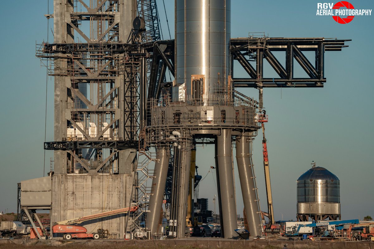 Booster 4 sits on the Orbital Launch Mount at Starbase.