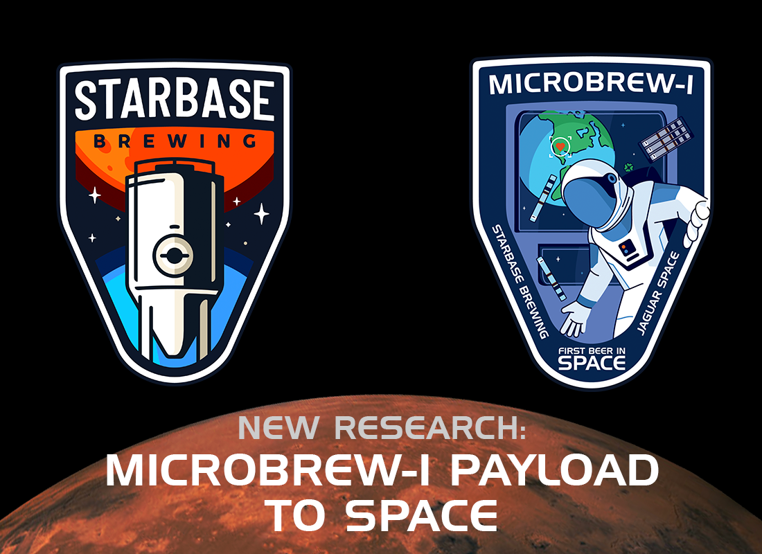 Starbase Brewing logo next to the mission patch for the MicroBrew-1 mission.