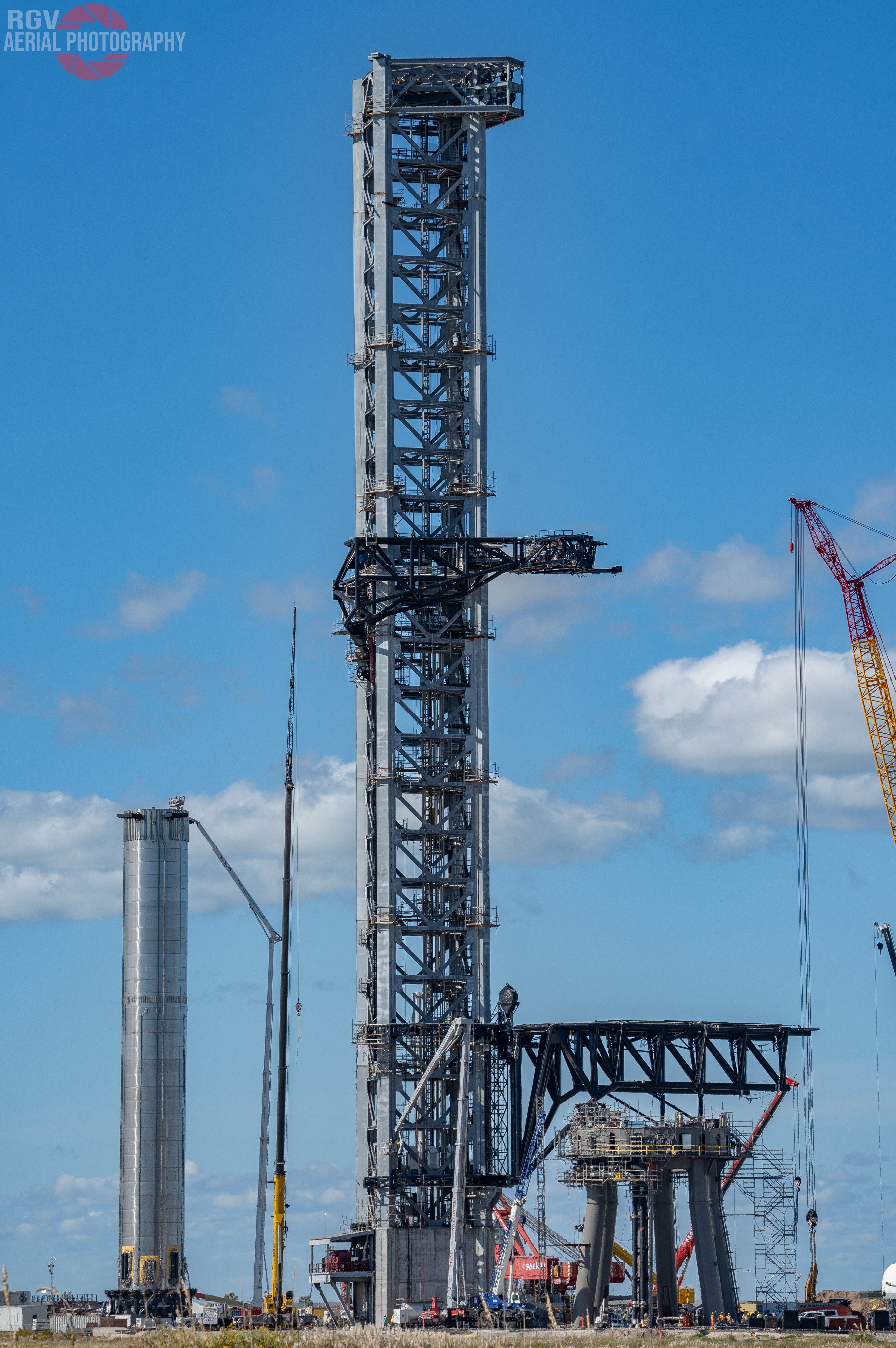 Mechazilla installed on the Orbital Launch Integration Tower at Starbase Texas