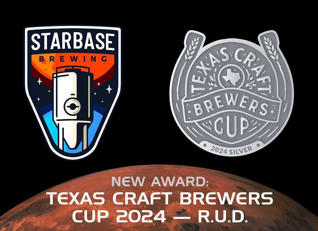 Starbase Brewing logo next to silver medal from Texas Craft Brewers Cup