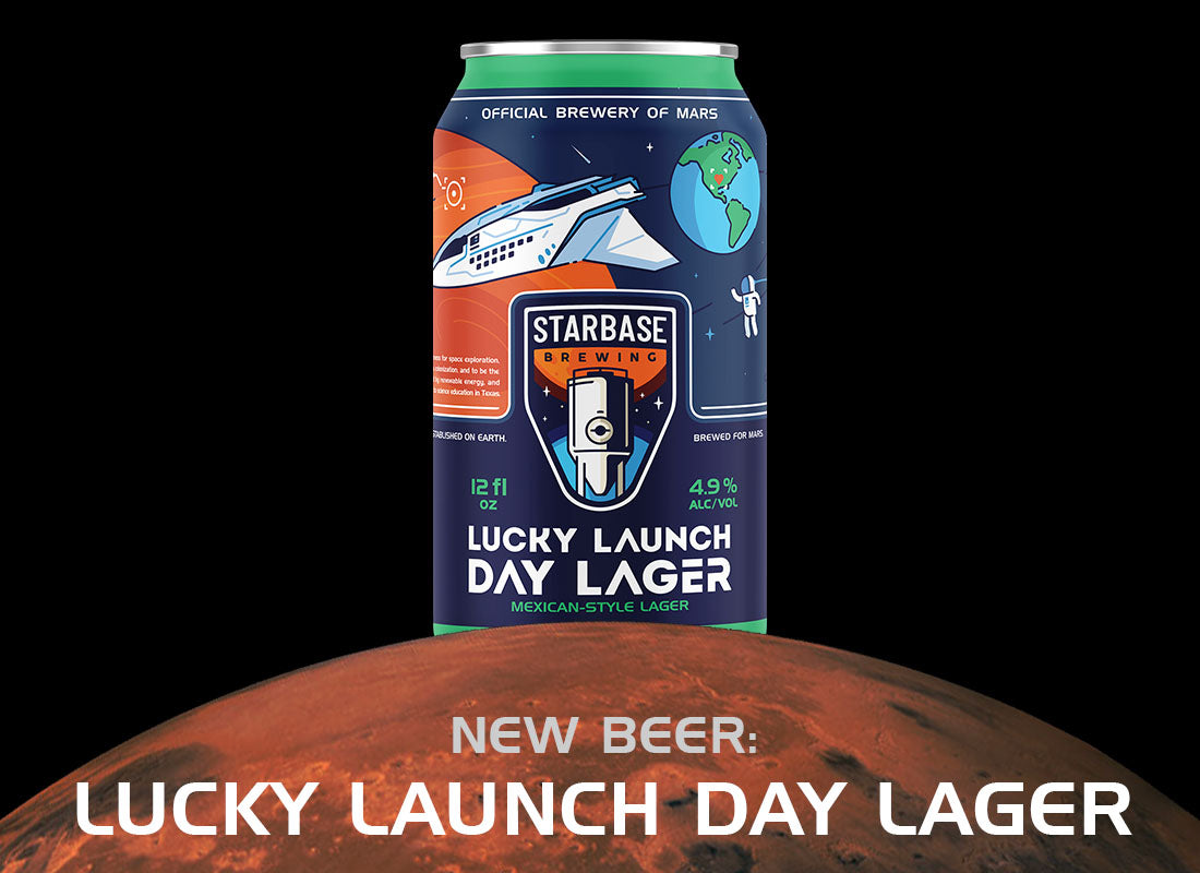 Beer announcement image of a can of "Lucky Launch Day Lager" beer on Mars