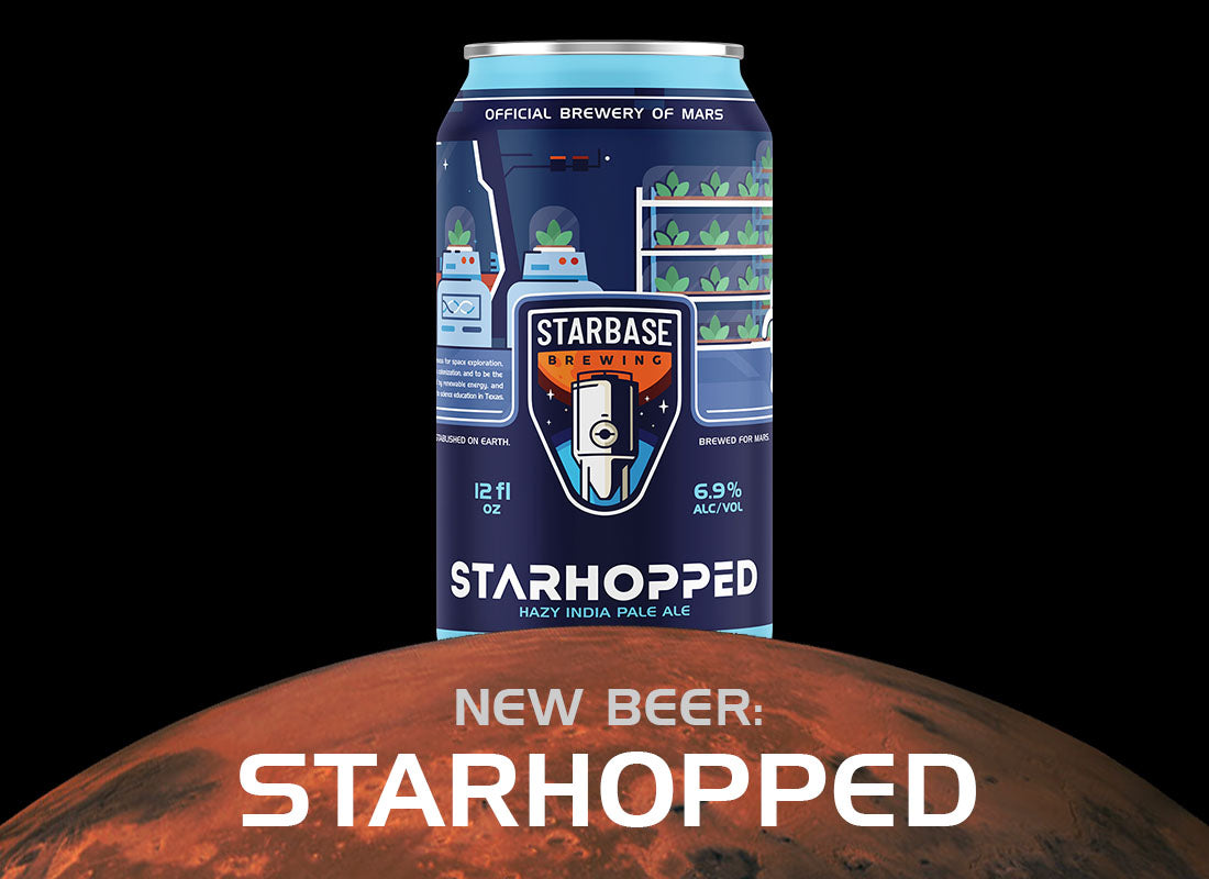 Beer announcement image of a can of "Starhopped" beer on Mars