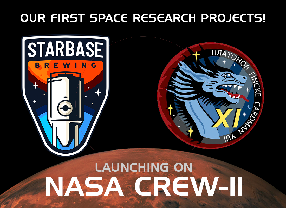 Starbase Brewing logo next to the mission patch for NASA's Crew-11 mission