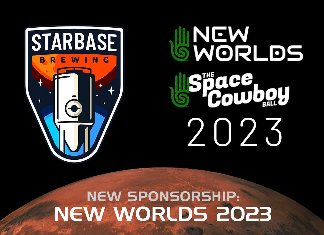 Starbase Brewing logo next to New Worlds 2023 and Space Cowboy Ball 2023 logos