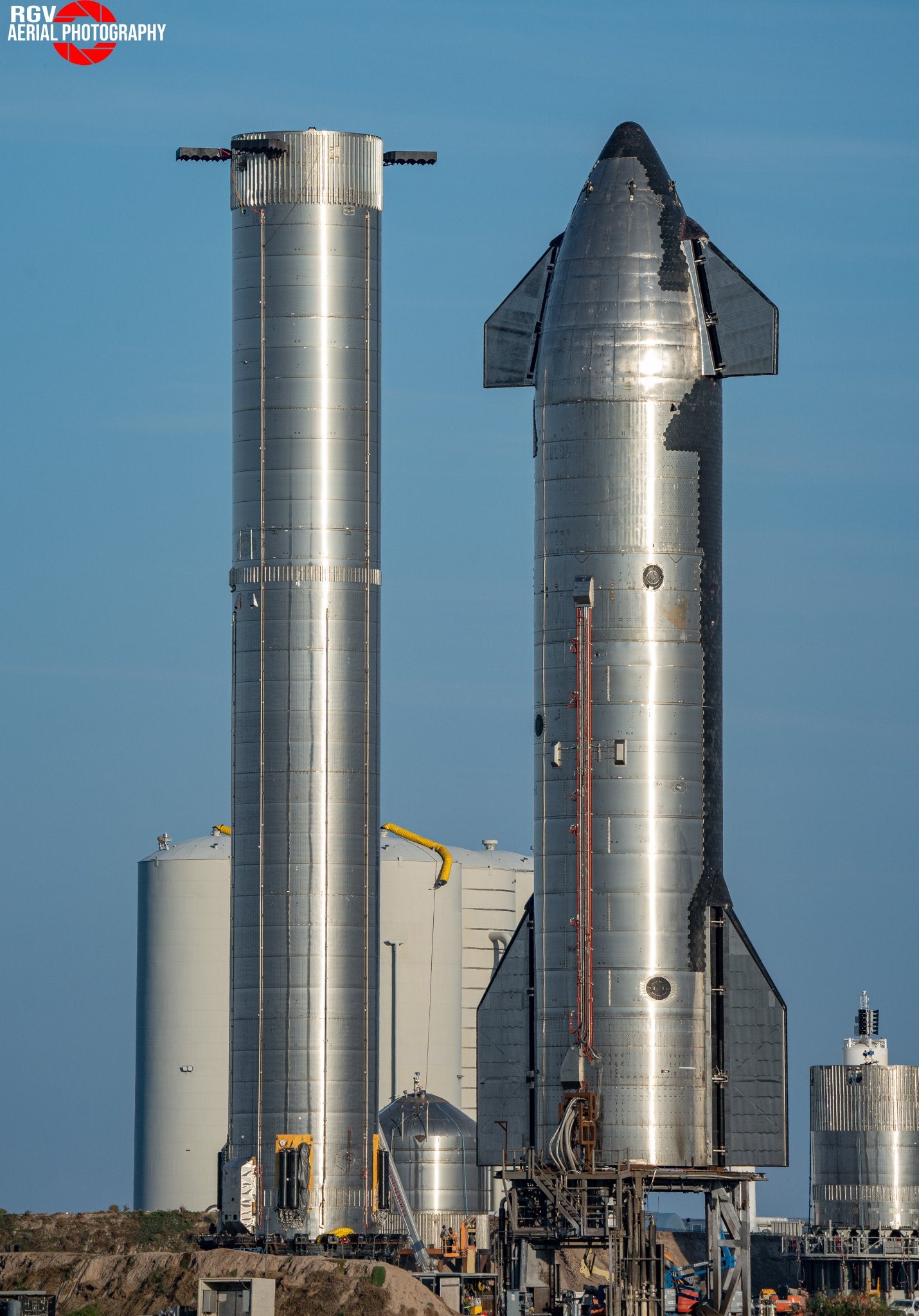 Starship 20 and Booster 4 sitting side-by-side at Starbase, Texas.
