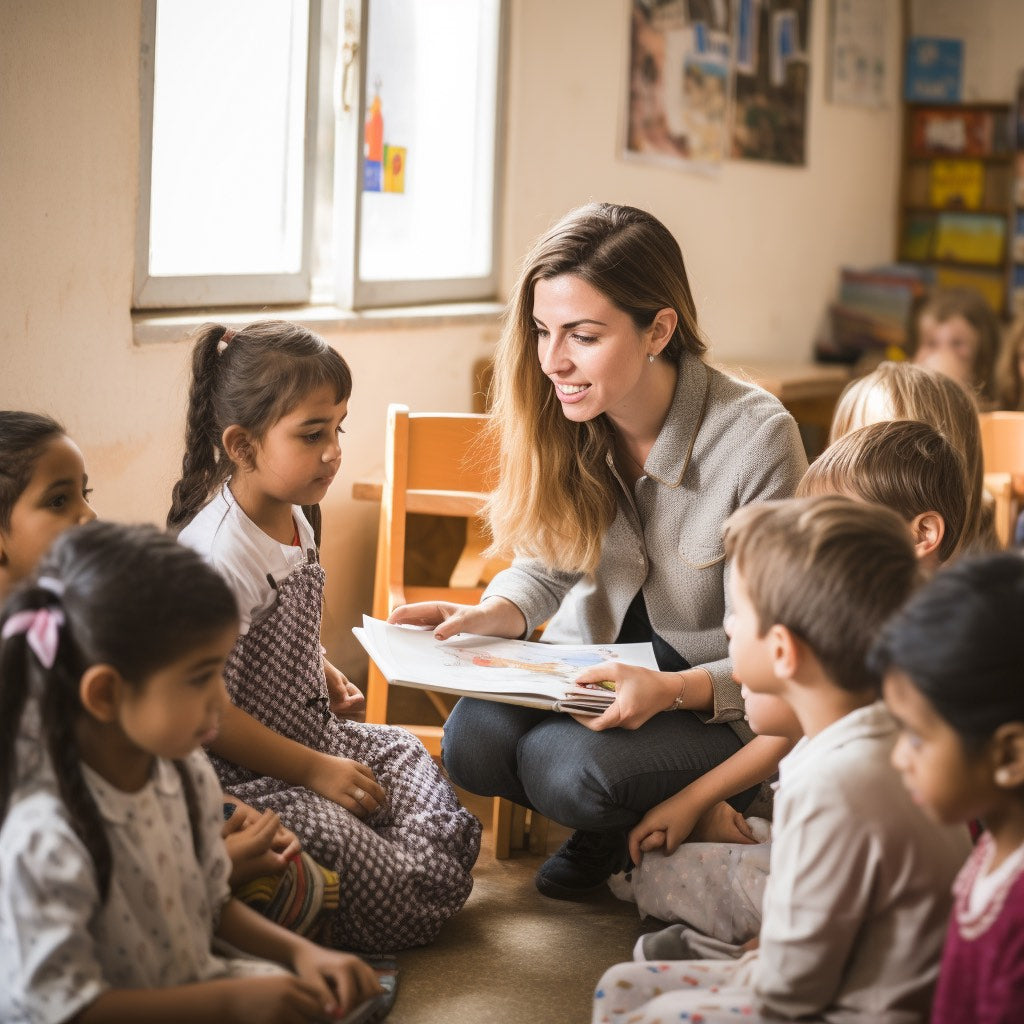A teacher instructing a classroom of young students.