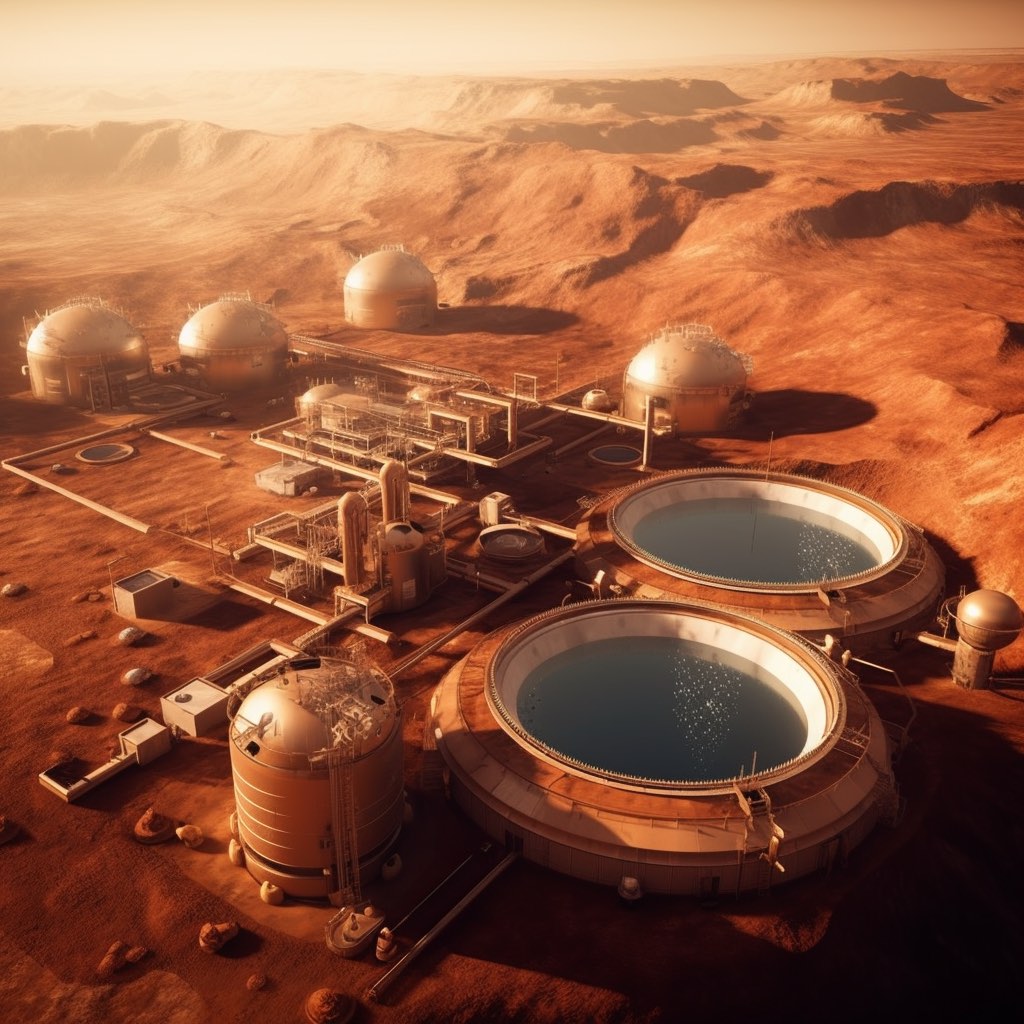 A water treatment plant converting ice into drinking water on Mars.